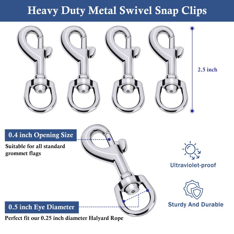 NQ Flag Swivel Snap Clips - Heavy Duty Metal Flag Snaps Hooks with Swivel Eyelet for Max 5/16" Diameter Flagpole Rope, Flag Pole Hardware, Clips for Flag, Pet Leash, Leather Craft (Silver, Pack of 2) - Image 3
