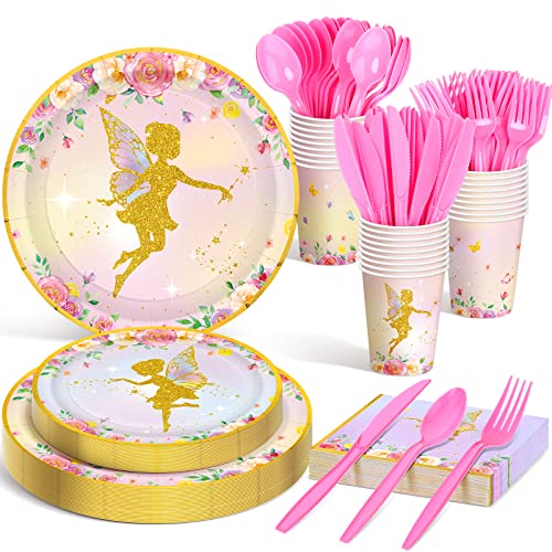 Meanplan 168 Pcs Fairy Party Supplies Fairy Plates and Napkins Fairies Tableware Set Plate Napkins Cups Knives Fork Spoon for Birthday Baby Shower Fairies Enchanted Party Decorations Serves 24 Guests - Image 1