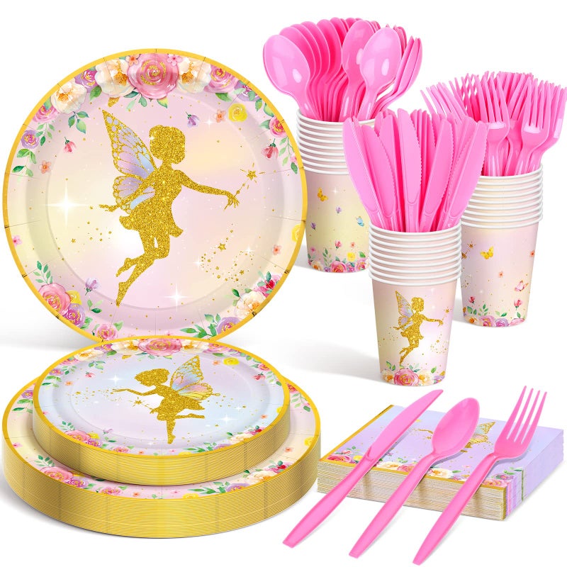 Meanplan 168 Pcs Fairy Party Supplies Fairy Plates and Napkins Fairies Tableware Set Plate Napkins Cups Knives Fork Spoon for Birthday Baby Shower Fairies Enchanted Party Decorations Serves 24 Guests - Image 2