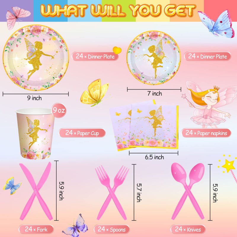 Meanplan 168 Pcs Fairy Party Supplies Fairy Plates and Napkins Fairies Tableware Set Plate Napkins Cups Knives Fork Spoon for Birthday Baby Shower Fairies Enchanted Party Decorations Serves 24 Guests - Image 3