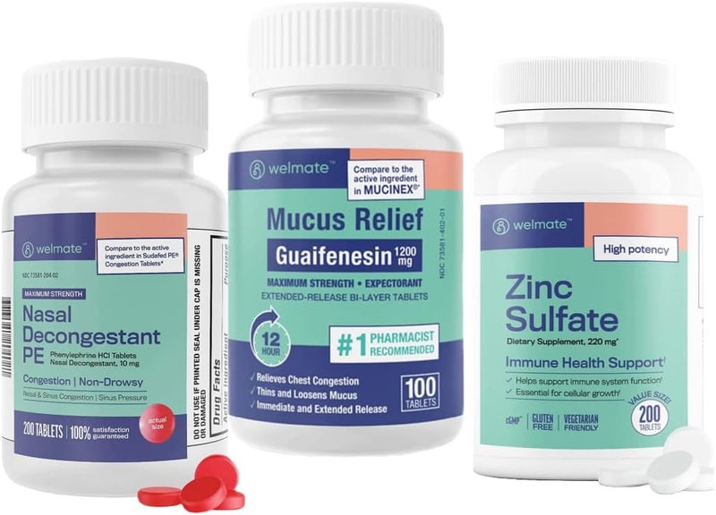 WELMATE Ultimate Cold  Allergy Relief Bundle Maximum Strength Guaifenesin 1200 Mg Mucus Relief 100 Tablets Phenylephrine HCl 10 mg Nasal Decongestant 200 Tablets  Zinc Sulfate 220mg - Image 1