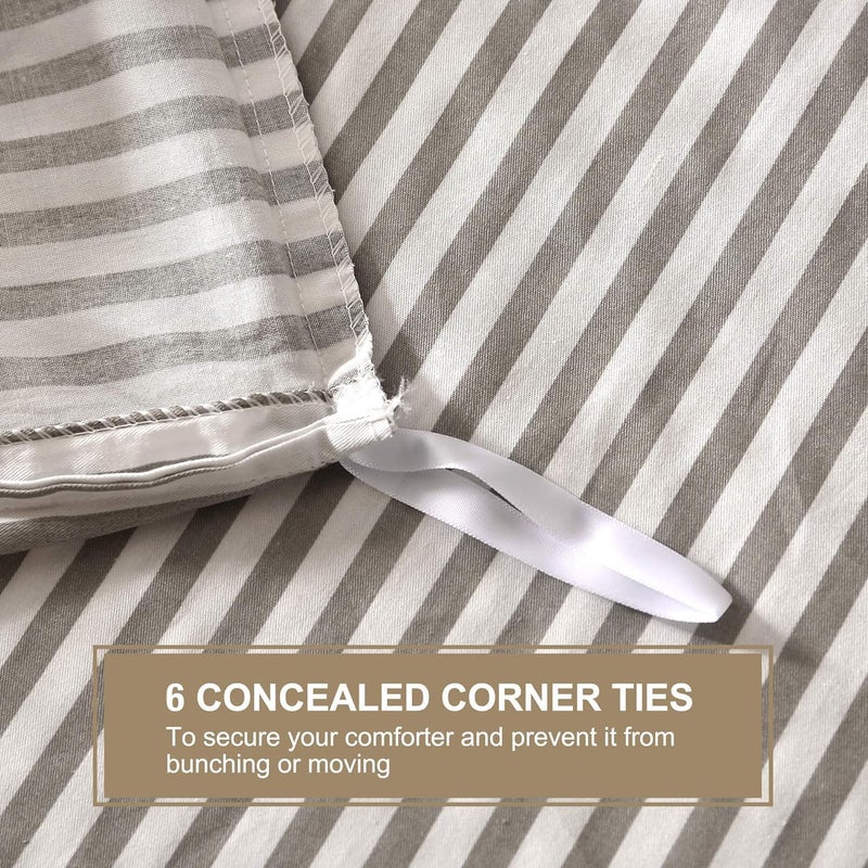 JELLYMONI 100% Natural Cotton 2pcs Striped Duvet Cover Sets,White with Grey Stripes Pattern Printed Comforter with Zipper Closure & Corner Ties(Twin Size) - Image 5