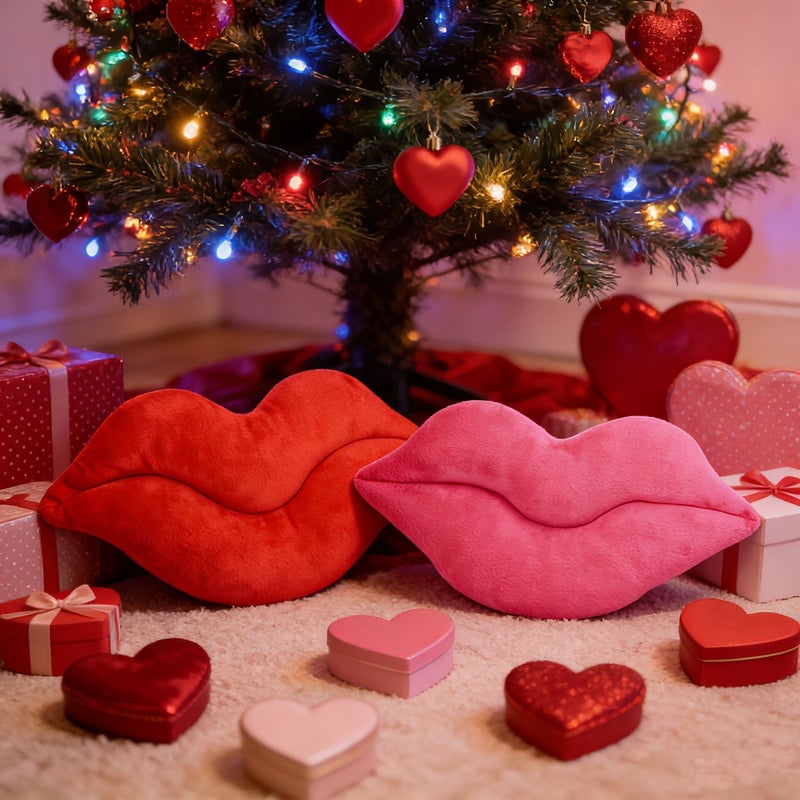 2Pcs Valentine Red Large Lips Throw Pillows Heart Shaped Decorative Cushions French Style Polyester Zipper Closure Machine Washable Suitable for Sofas Beds Living Rooms Birthdays Festivals Anniversaries Wedding Bedding - Image 2