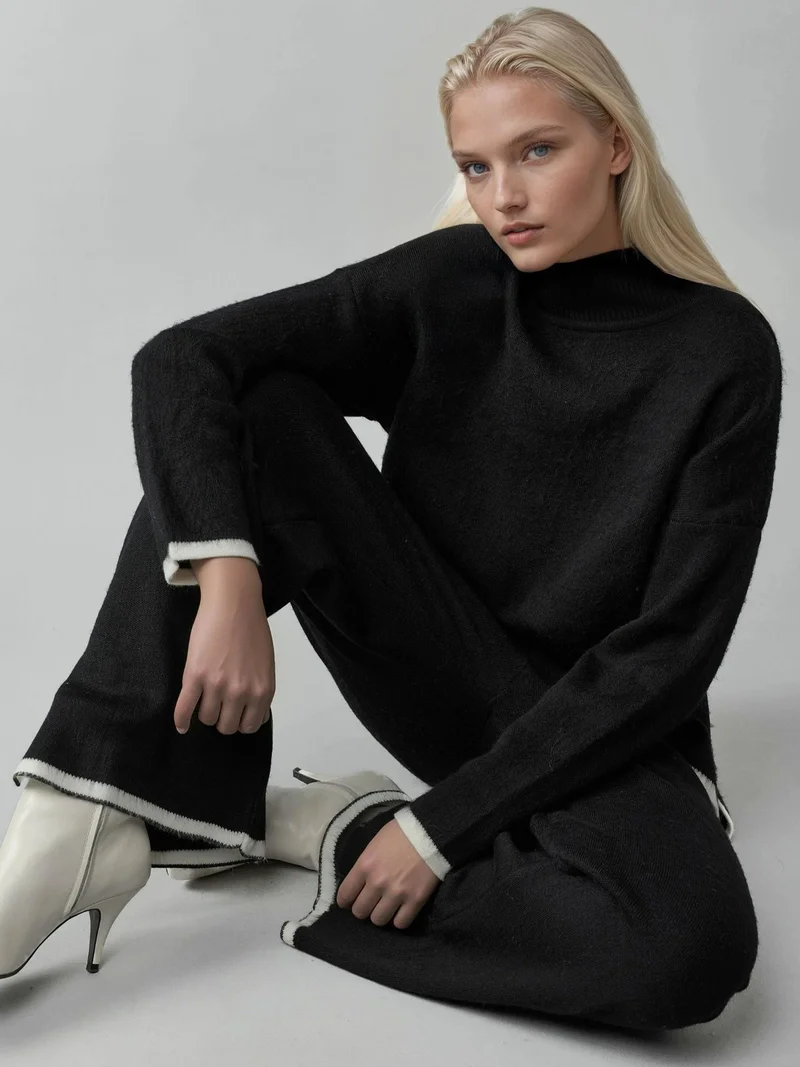 MY FASHION Black MY FASHION Soft Textured Oversized Sweater & Pants Knit Co-ord Set for Women | Best Price UAE