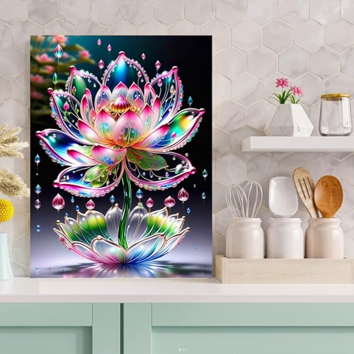 Meothan Lotus Diamond Painting Kits for Adults Beginners Lotus Flowers Diamond Art Kits for Adults Full Drill DIY 5D Diamond Painting Flowers Gem Art Crafts Kits for Home Wall Decor 12x16 in - Image 3