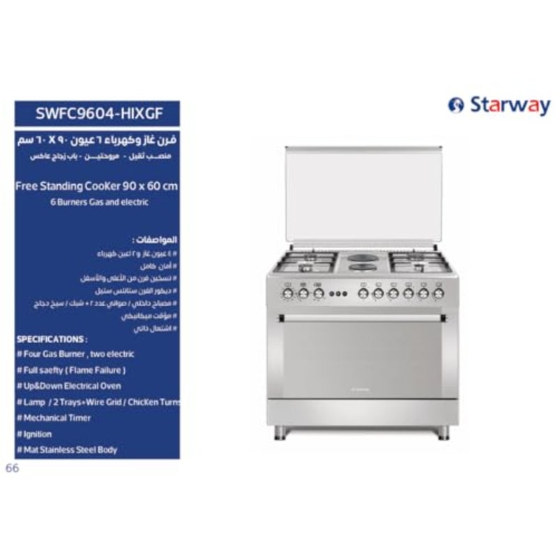 4+2 Gas Elecric Range Cooker, 90x60 cm, Iron Cast Stand, Grill, Auto Fire, Total Safety, 2 Turbo Fans - Image 2