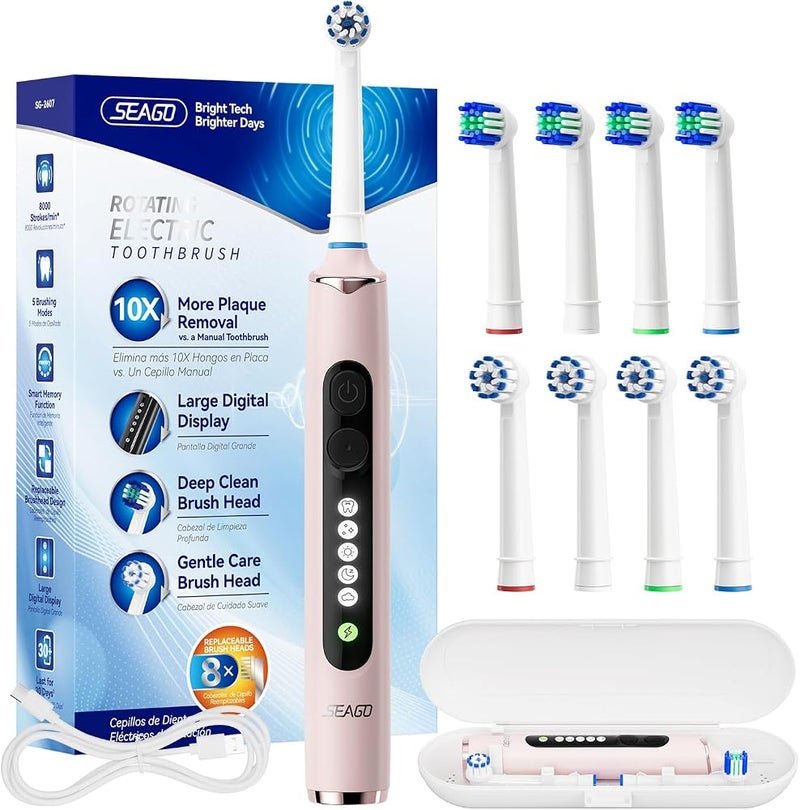 Seago Rotating Electric Toothbrush for Adults with 8 Brush Heads, 5 Cleaning modes, Rechargeable Electric Toothbrush with Timer and Travel Case for Adults and Kids - Image 1