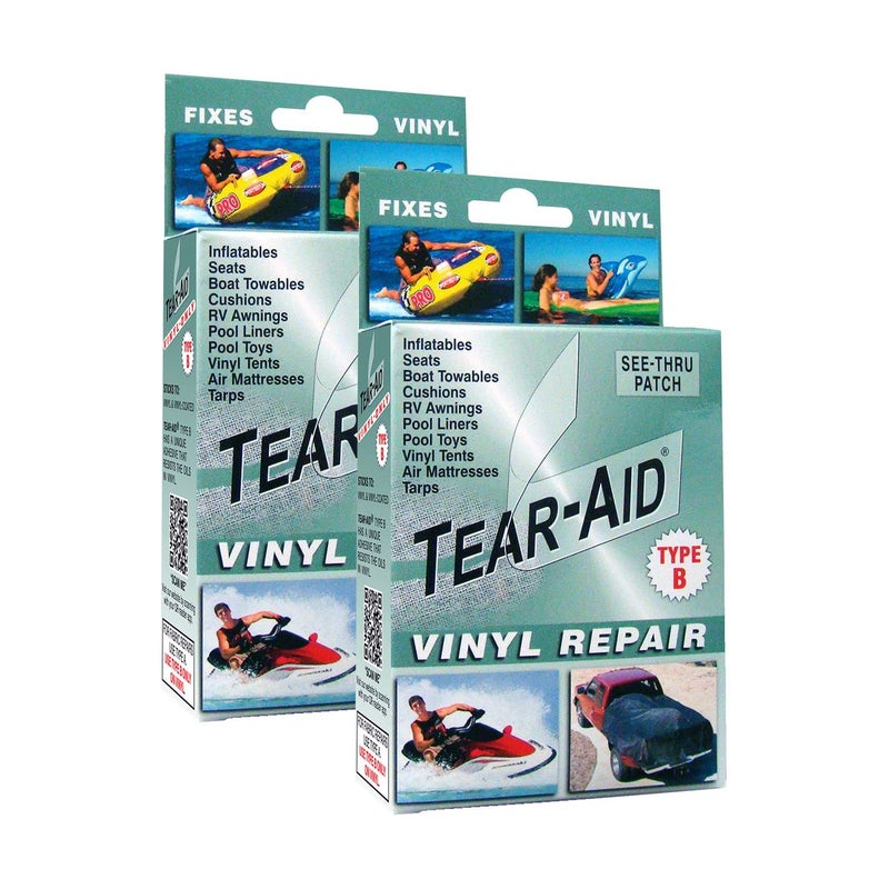 TEAR-AID Vinyl Repair Kit, Type B Clear Patch for Vinyl and Vinyl-Coated Materials, Works on Vinyl Tents, Awnings, Air Matresses, Pool Liners & More, Green Box, 2 Pack - Image 1
