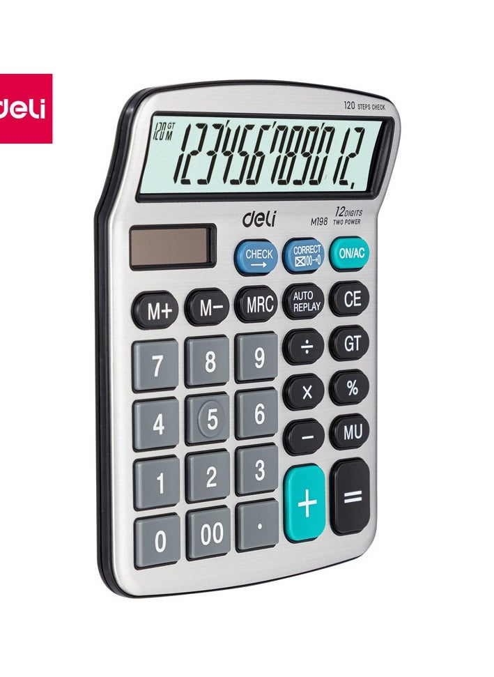 Deli Deli EM19810 Desktop Calculator | 12 Digits | Solar & LR54 Battery Powered | 120-Step Check | Silver | Ideal for Office & School Use (1PCS/Color Box)  - Image 1