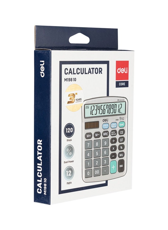 Deli Deli EM19810 Desktop Calculator | 12 Digits | Solar & LR54 Battery Powered | 120-Step Check | Silver | Ideal for Office & School Use (1PCS/Color Box)  - Image 4