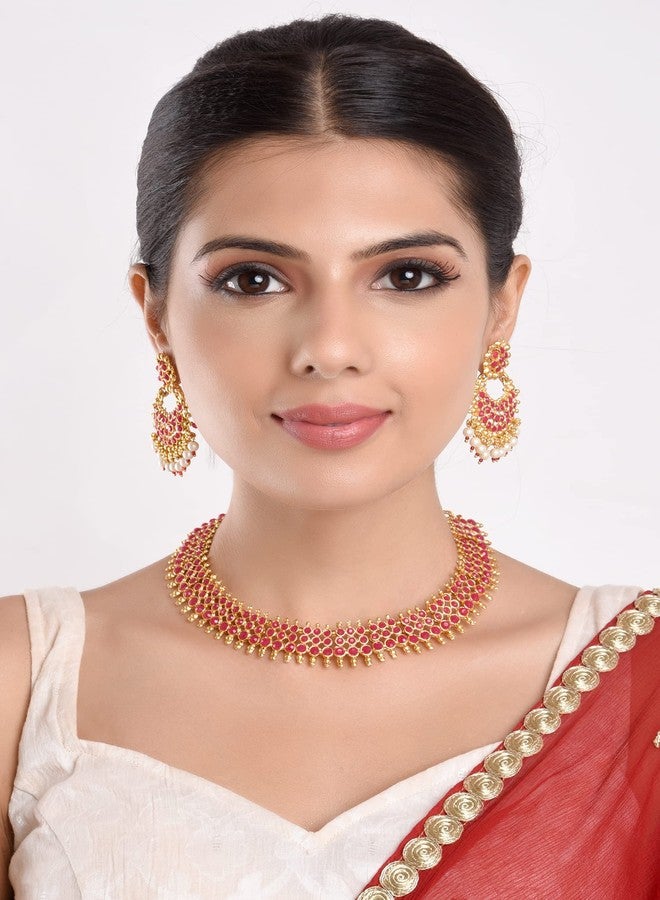 Efulgenz Indian Jewelry Sets for Women Beaded Bollywood Jewelry Faux Pearl Choker Necklace Traditional Crystal Choker Necklace Earrings Wedding Jewelry Sets for Women - Image 4