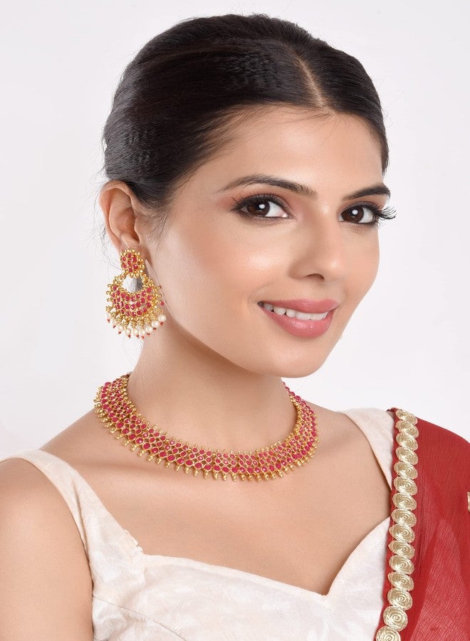 Efulgenz Indian Jewelry Sets for Women Beaded Bollywood Jewelry Faux Pearl Choker Necklace Traditional Crystal Choker Necklace Earrings Wedding Jewelry Sets for Women - Image 3