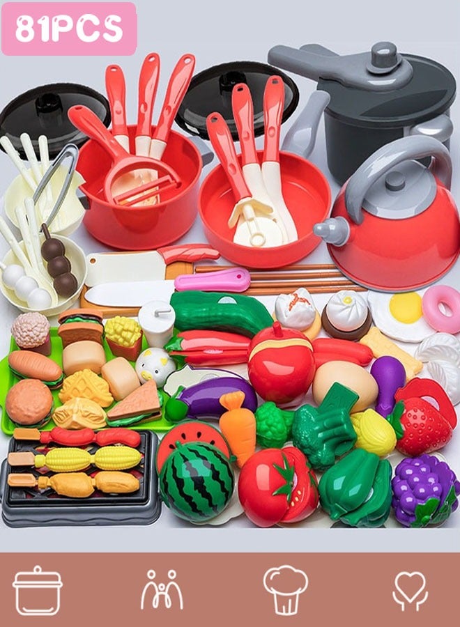 81 Pcs Kitchen Playset Food Toys with Veggies, Fruits Play Kitchen Accessories Set for Kids Pots Pans Playset Cooking Utensils Play Food for Girls & Boys - Image 1