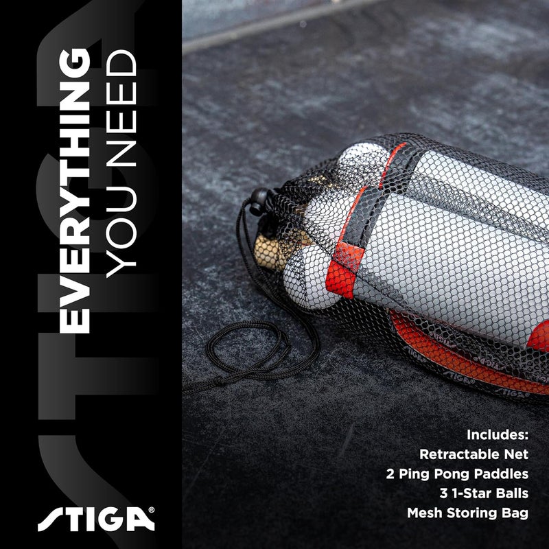 Stiga مجموعة شبكة تنس الطاولة القابلة للسحب الكل في واحد - تشمل 2 مضرب تنس طاولة - 3 كرات 1 نجمة | حقيبة تخزين شبكية - تناسب طاولة بعرض يصل إلى 72 بوصة وسمك 1.75 بوصة - تثبيت واللعب على أي سطح - Image 5