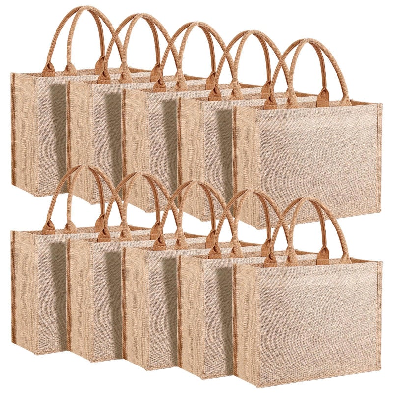 butarfe 10 Pack Burlap Tote Bags Reusable Jute Bags with Handles Blank Burlap Tote Large Jute tote 15.1X11.8X5.5Inch Burlap Gift Bags for Grocery Shopping Wedding Travel Bachelorette Party Embroidery DIY Art - Image 1