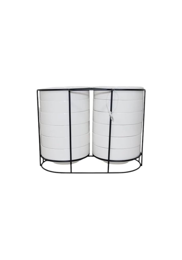 B&D Modern Ceramic Dish Set with Black Metal Stand - Stackable White Bowls for Kitchen Storage