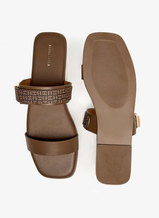Flora Bella By Shoexpress Women Monogram Print Slip-On Sandals with Metallic Detail