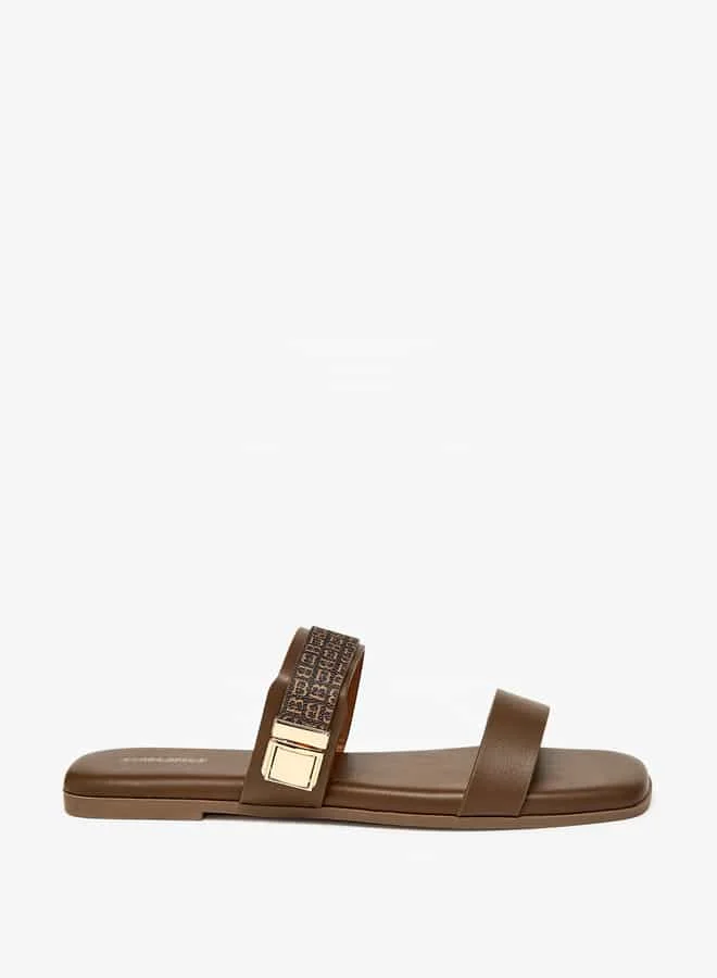 Flora Bella By Shoexpress Women Monogram Print Slip-On Sandals with Metallic Detail