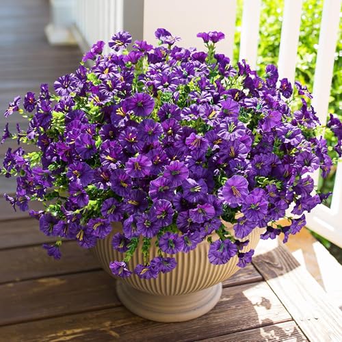 HyeFlora Artificial Flowers for Outdoors Fake Plants Outside Decoration 12 Bundles Silk Purple Morning Glory with Eucalyptus UV Resistant Look Real Faux Flower for Planter Front Door Porch Patio Yard - Image 1