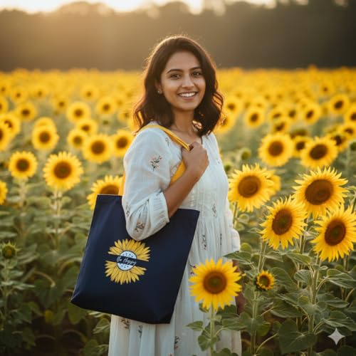 ECOCARRY Cotton Tote Bag for Women | Stylish Floral Printed Canvas Shoulder Handbag | Casual Ladies Tote for College, Office, Daily Use, Shopping, Travel & Beach (Be Happy Sunflower) - Image 2