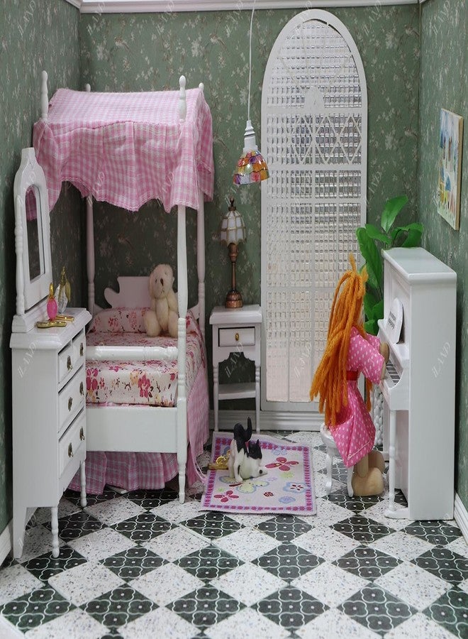 iLAND Dollhouse Furniture Bedroom Set Doll House Mini Bed for Dolls Wooden Miniature Furniture with 1 12 Scale Accessories Pink Dollhouse Accessories Decor - Image 5