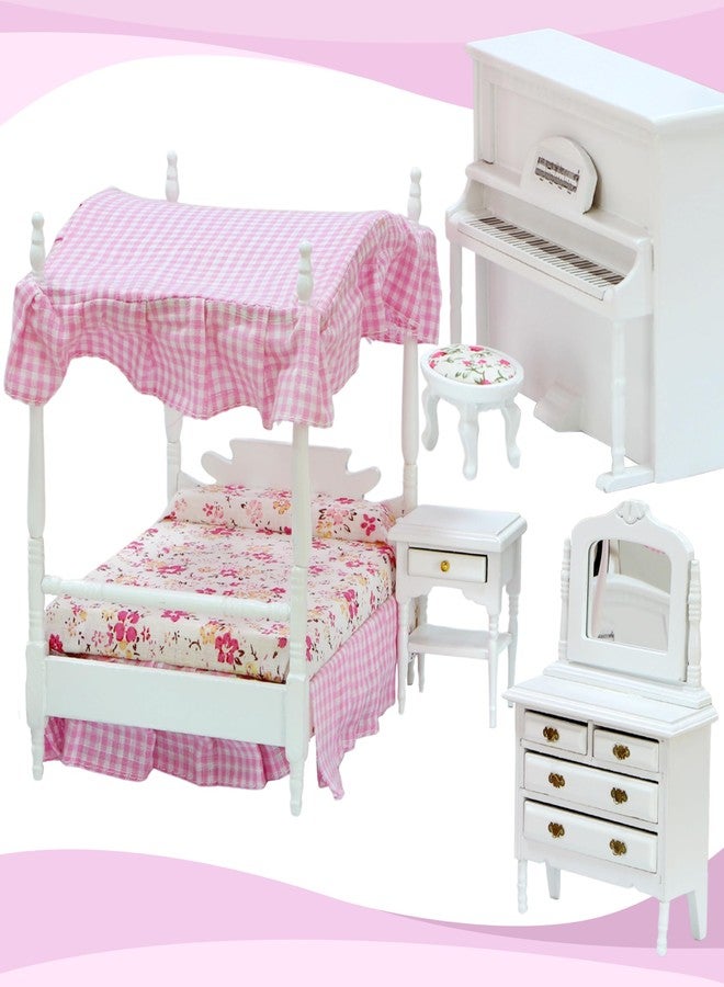 iLAND Dollhouse Furniture Bedroom Set Doll House Mini Bed for Dolls Wooden Miniature Furniture with 1 12 Scale Accessories Pink Dollhouse Accessories Decor - Image 1