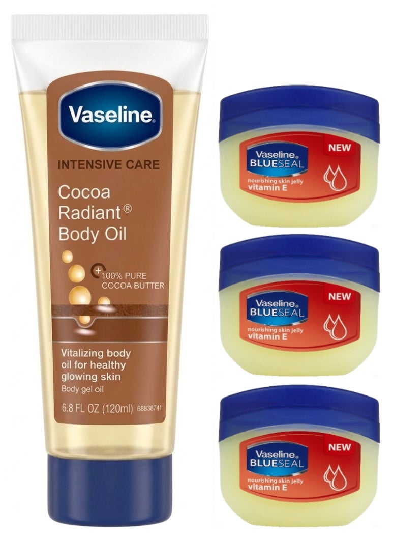 Vaseline Intensive Care Cocoa Radiant Body Gel Oil 120Ml plus 3Pcs Vaseline Blue Seal With Vitamin E Petroleum Jelly 50Ml - Image 1
