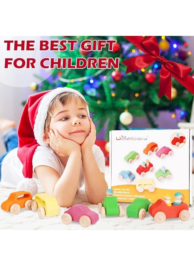 Agirlgle - Montessori Wooden Car Toys - 7 Rainbow Wooden Vehicle Set Toy for Toddlers and Babies 3 Wooden Peg Doll, Colorful Pretend Play Wooden Push Cars Development Toys and Infant Toys - Image 1