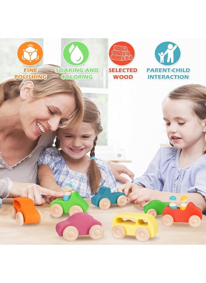 Agirlgle - Montessori Wooden Car Toys - 7 Rainbow Wooden Vehicle Set Toy for Toddlers and Babies 3 Wooden Peg Doll, Colorful Pretend Play Wooden Push Cars Development Toys and Infant Toys - Image 1