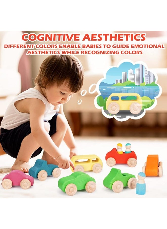 Agirlgle - Montessori Wooden Car Toys - 7 Rainbow Wooden Vehicle Set Toy for Toddlers and Babies 3 Wooden Peg Doll, Colorful Pretend Play Wooden Push Cars Development Toys and Infant Toys - Image 1