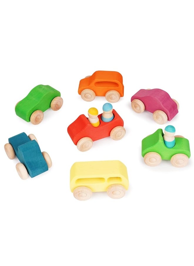 Agirlgle - Montessori Wooden Car Toys - 7 Rainbow Wooden Vehicle Set Toy for Toddlers and Babies 3 Wooden Peg Doll, Colorful Pretend Play Wooden Push Cars Development Toys and Infant Toys - Image 1