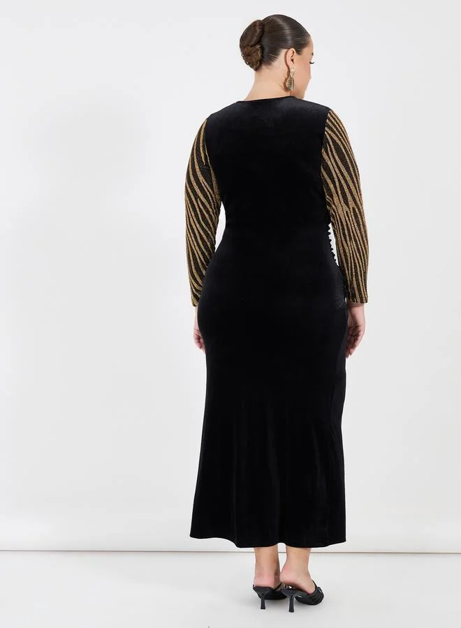 Styli Velvet Slit Midi Dress