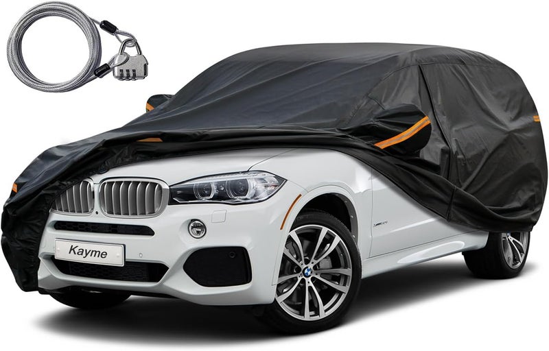 غطاء سيارة SUV Kayme مقاوم للماء لجميع الأحوال الجوية مع قفل وسحاب، حماية خارجية من الشمس والأشعة فوق البنفسجية والمطر، يناسب SUV Jeep (191 إلى 200 بوصة) H6/أسود تصميم عصري مطور - Image 1