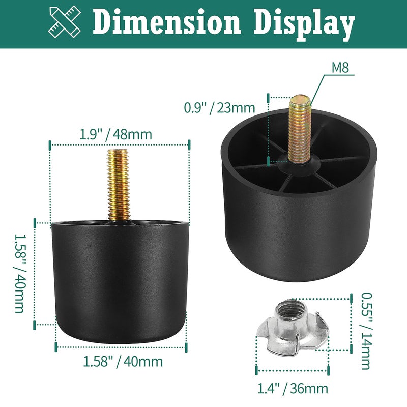 Masendelk 1-1/2 Inch Plastic Furniture Legs  Round Tapered Table Legs Black Sofa Legs Replacement Legs With M8 Hanger Bolts For Couch Table Sofa  Pack Of 4 - Image 4