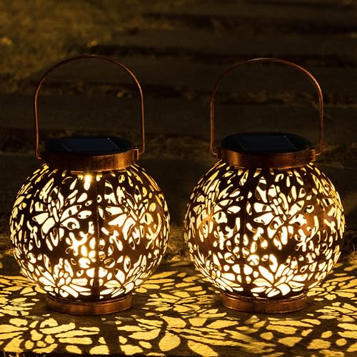 JOIEDOMI 2 Pack Outdoor Solar Hanging Lantern Lights, Waterproof Tabletop with Handle, LED Moroccan Lanterns, Metal Decorative Garden Solar Lights for Patio, Lawn, Porch, Backyard - Image 1
