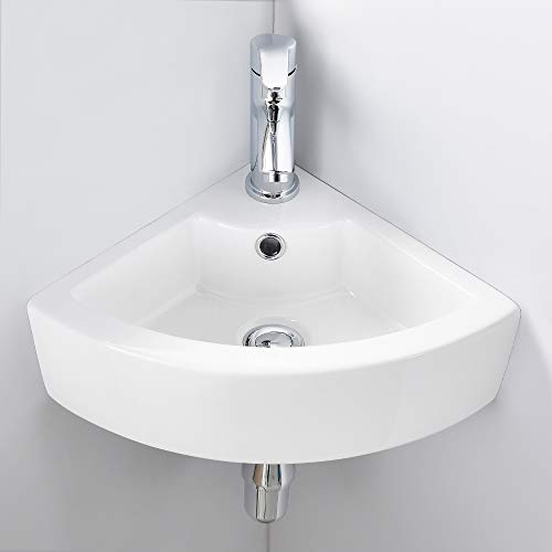 VASOYO Small Corner Bathroom Sink - White Triangle Porcelain Ceramic Wall Mount Vessel Sink, Above Counter Design with Single Faucet Hole & Overflow - Image 2