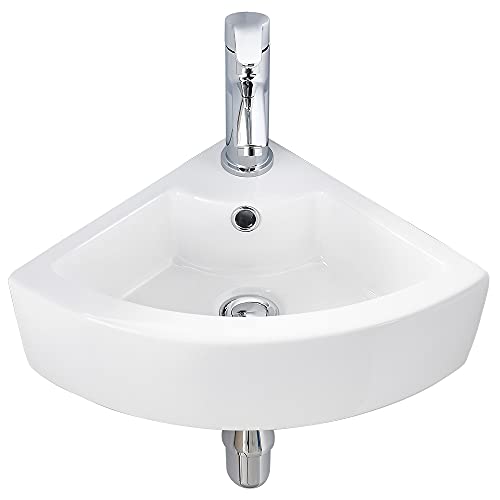 VASOYO Small Corner Bathroom Sink - White Triangle Porcelain Ceramic Wall Mount Vessel Sink, Above Counter Design with Single Faucet Hole & Overflow - Image 1