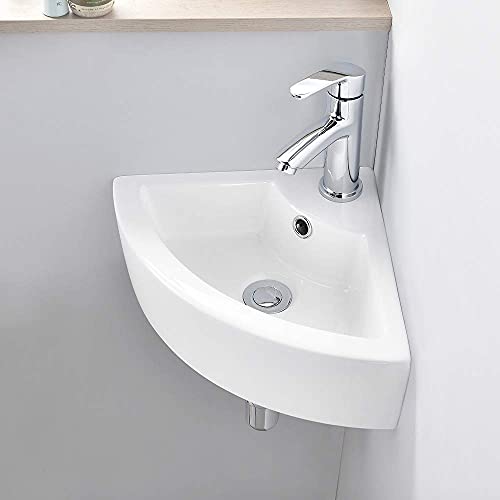 VASOYO Small Corner Bathroom Sink - White Triangle Porcelain Ceramic Wall Mount Vessel Sink, Above Counter Design with Single Faucet Hole & Overflow - Image 3