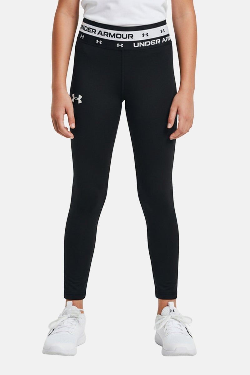 UNDER ARMOUR ليغينغز ضيقة للبنات مع شعار العلامة التجارية، أسود - Image 1