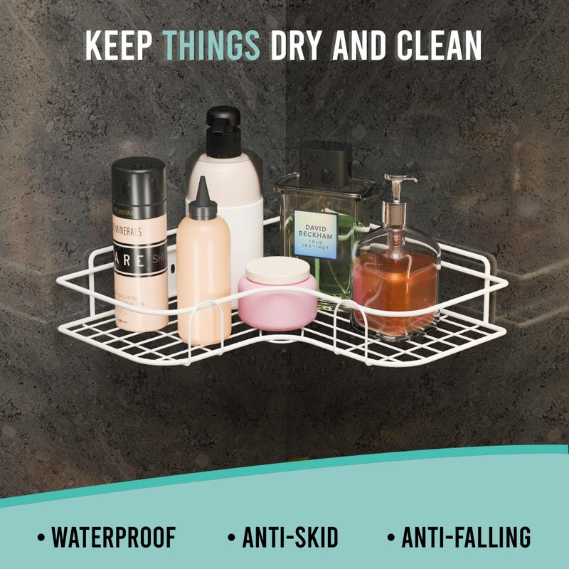 Kuber Industries 2 Pcs Metal Self Adhesive Bathroom Organiser with Drill Screws | Bathroom Corner Shelves/Rack for Wall Adhesive | Corner Stand for Bath Accessories | White - Image 5