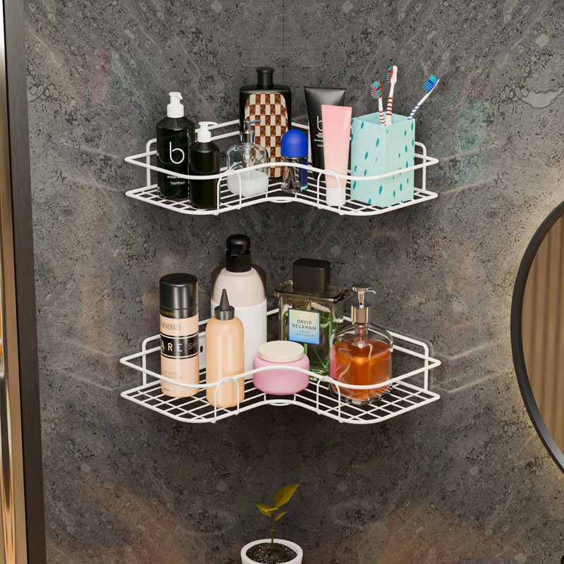 Kuber Industries 2 Pcs Metal Self Adhesive Bathroom Organiser with Drill Screws | Bathroom Corner Shelves/Rack for Wall Adhesive | Corner Stand for Bath Accessories | White - Image 1