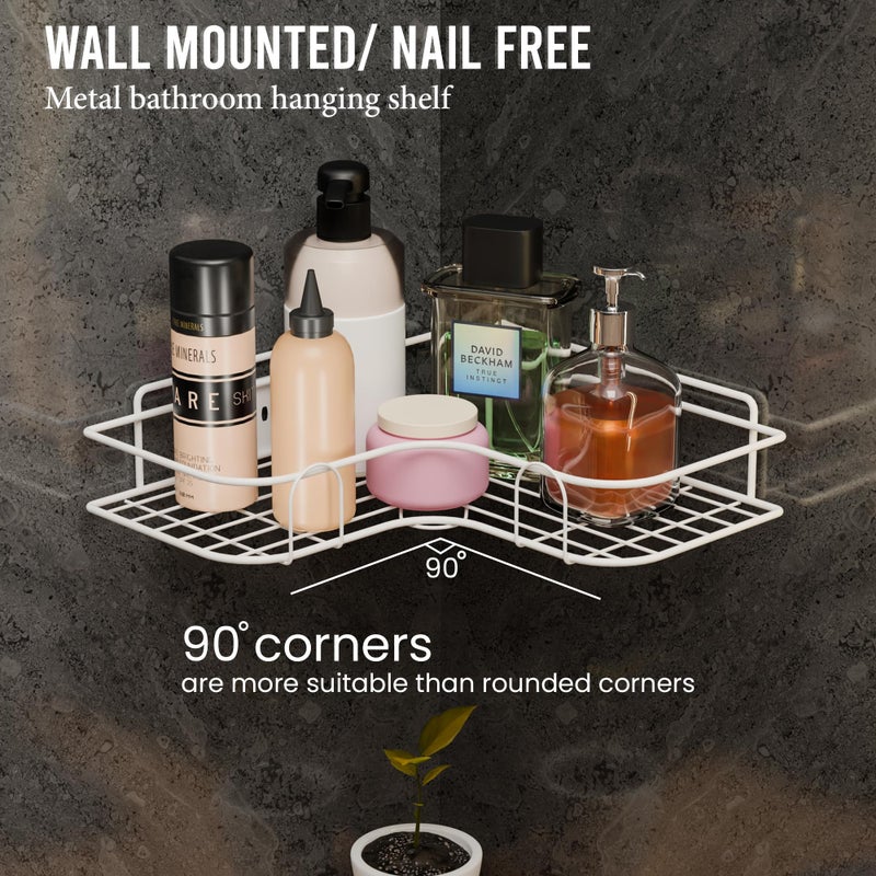 Kuber Industries 2 Pcs Metal Self Adhesive Bathroom Organiser with Drill Screws | Bathroom Corner Shelves/Rack for Wall Adhesive | Corner Stand for Bath Accessories | White - Image 2