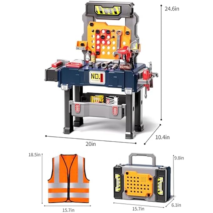 KIDS TOOL BENCH WITH REALISTIC TOOLS AND ELECTRIC DRILL, TRANSFORMABLE KIDS TOOL SET, TODDLER TOOL BENCH PRETEND PLAY LEARNING GIFT FOR BOYS & GIRLS AGE 3-5 (WITH WORK CLOTHES) - Image 5