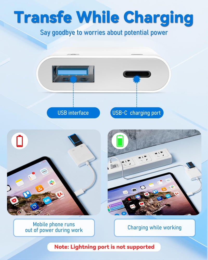 YOFEEPOP USB C to USB Camera Adapter with 30W PD Charging Port, OTG Cable Compatible with for iPhone 17/16/15 iPad Android Phone Tablet, USB 3.0 Female for Flash Drives, Keyboards, Mice, and More - Image 2
