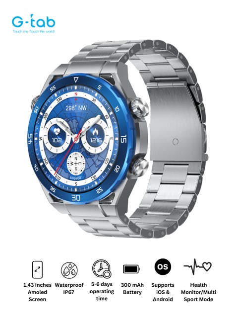 G-Tab GT8 Smartwatch/1.43INCHES AMOLED with METAL STRAP + EXTRA SILICON STRAP/Smart calling/blood oxygen/heart rate/music/calorie/remote camera/sleep alert monitor/sms/ Magnetic charging/step count