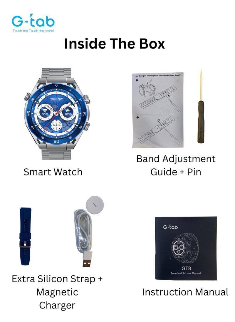 G-Tab - G-Tab GT8 Smartwatch/1.43INCHES AMOLED with METAL STRAP + EXTRA SILICON STRAP/Smart calling/blood oxygen/heart rate/music/calorie/remote camera/sleep alert monitor/sms/ Magnetic charging/step count - Image 1