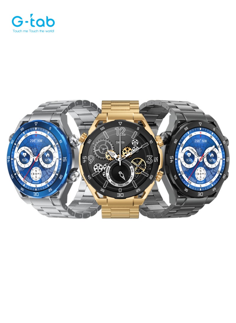 G-Tab - G-Tab GT8 Smartwatch/1.43INCHES AMOLED with METAL STRAP + EXTRA SILICON STRAP/Smart calling/blood oxygen/heart rate/music/calorie/remote camera/sleep alert monitor/sms/ Magnetic charging/step count - Image 1