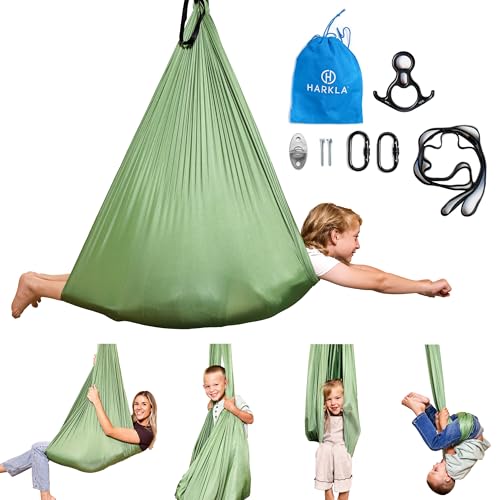 Harkla Sensory Swing for Kids Adults Holds 300lbs Indoor Outdoor Sensory Swing for Hug Like Calming Effect Durable Soft Stretch Fabric and Heavy Duty Hardware Green 100 Swing No Swivel - Image 1