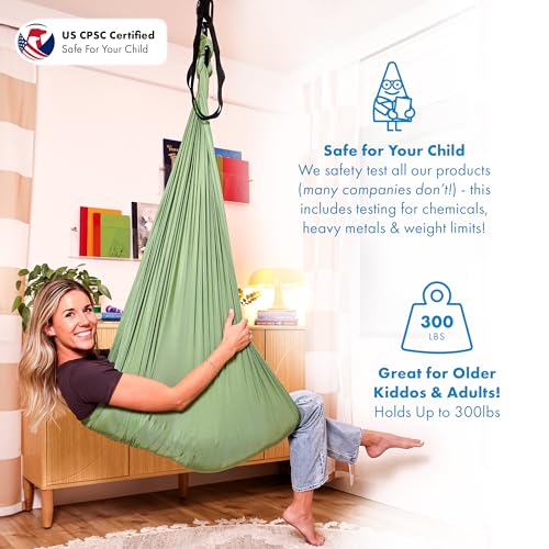 Harkla Sensory Swing for Kids Adults Holds 300lbs Indoor Outdoor Sensory Swing for Hug Like Calming Effect Durable Soft Stretch Fabric and Heavy Duty Hardware Green 100 Swing No Swivel - Image 3
