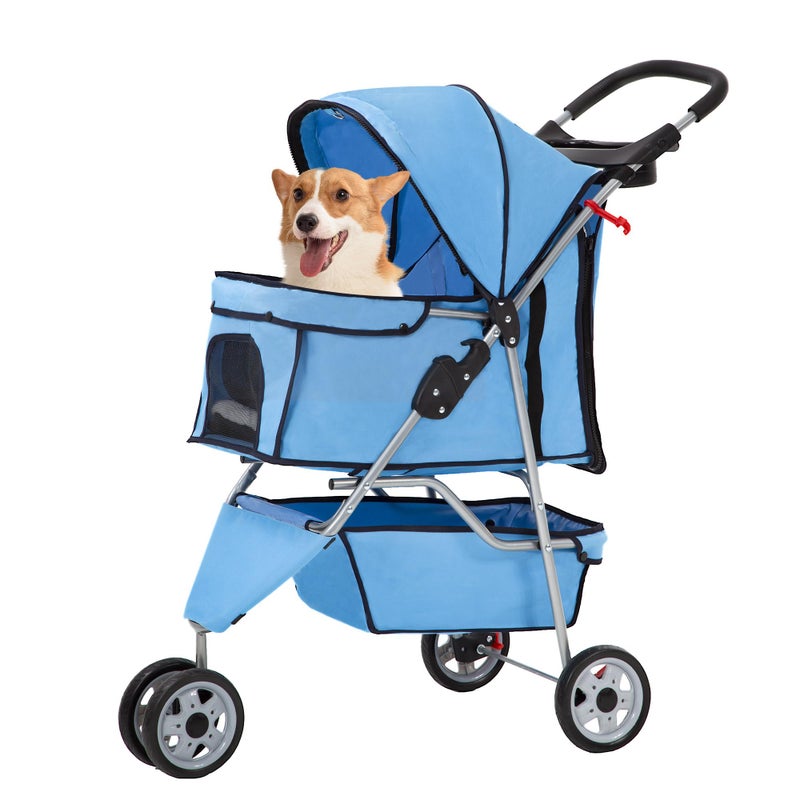 FDW Pet Stroller 3Wheel Durable Foldable Cat Dog Stroller with Washable Liner Storage Basket Cup HolderBlue